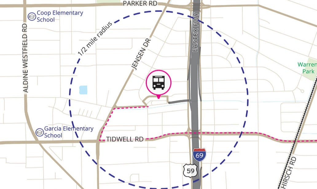 Aerial map view of the Tidwell Transit Center and surrounding area.